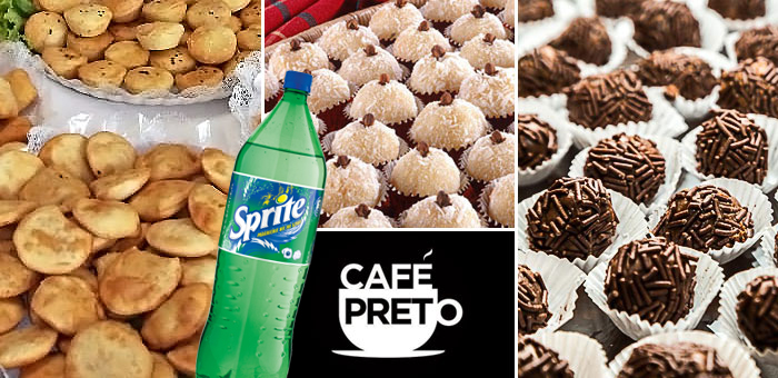50 salgados + 20 doces + Refri 2L Sprite - Café Preto